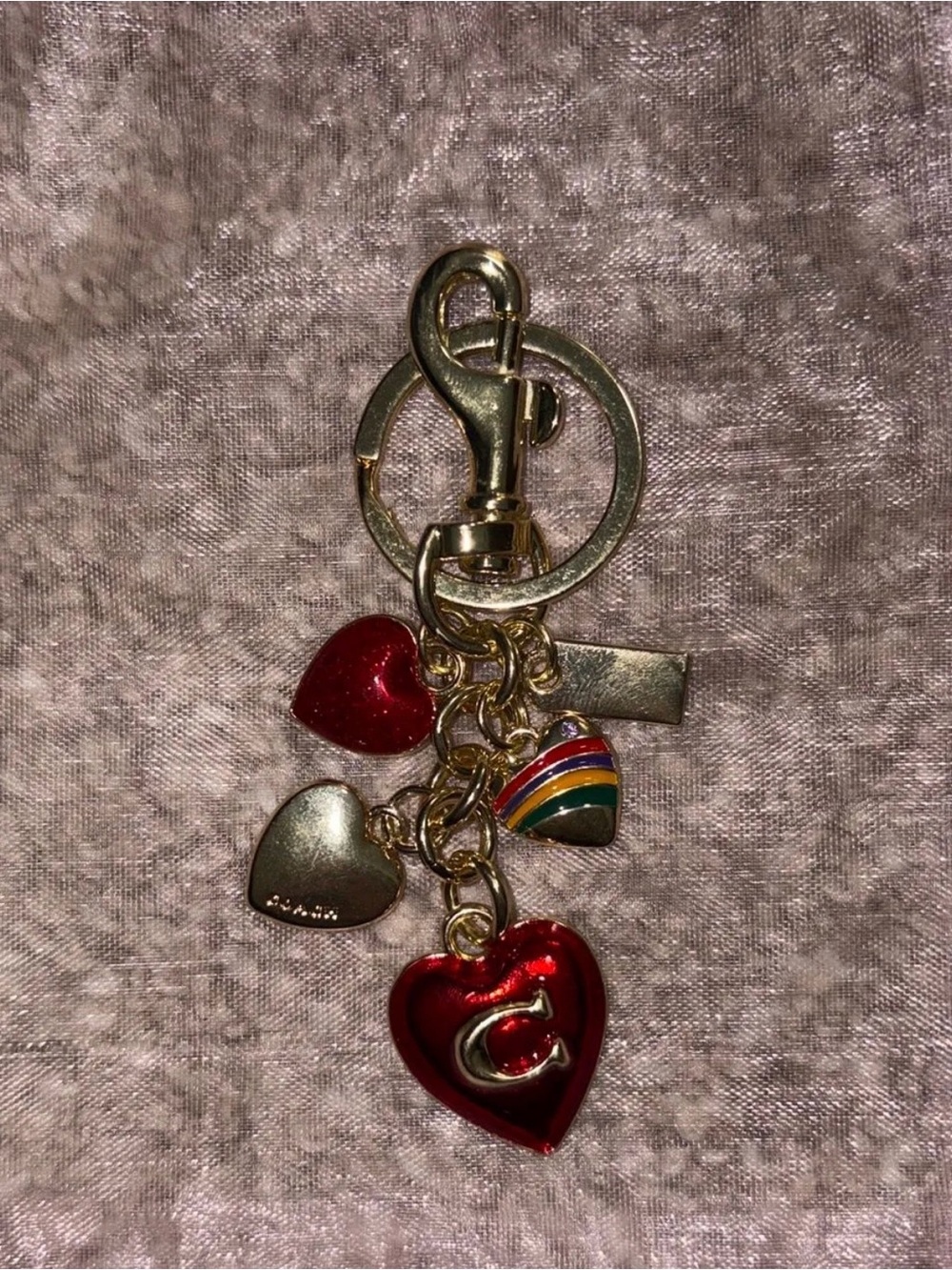 Coach Gold-Tone Bag Charm/Keychain with Red & Multicolor Hearts